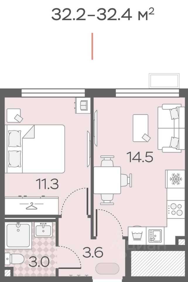 1-комнатная квартира, 33 м² — фотография 2
