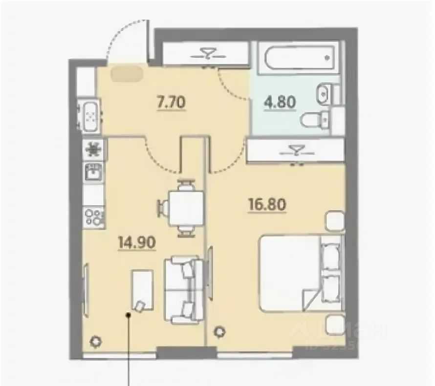 1-комнатная квартира, 44,3 м²