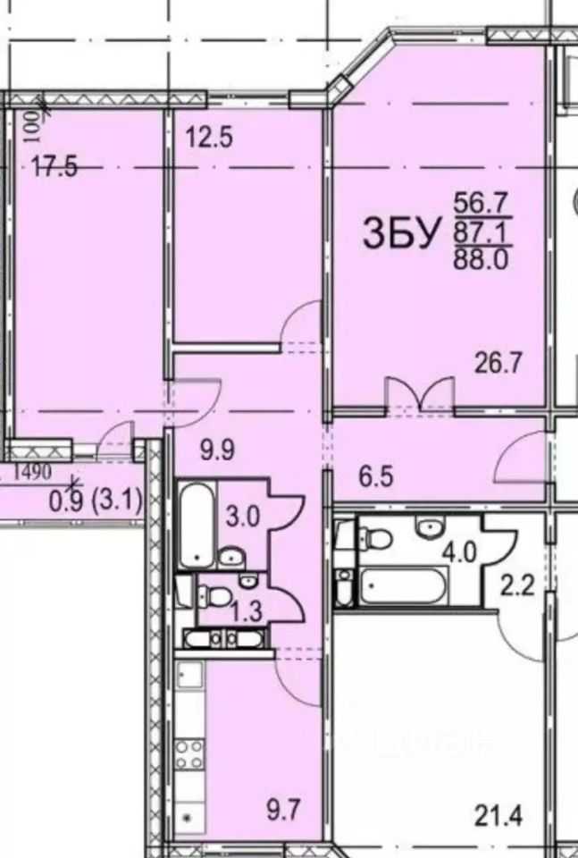 3-комнатная квартира, 88 м²