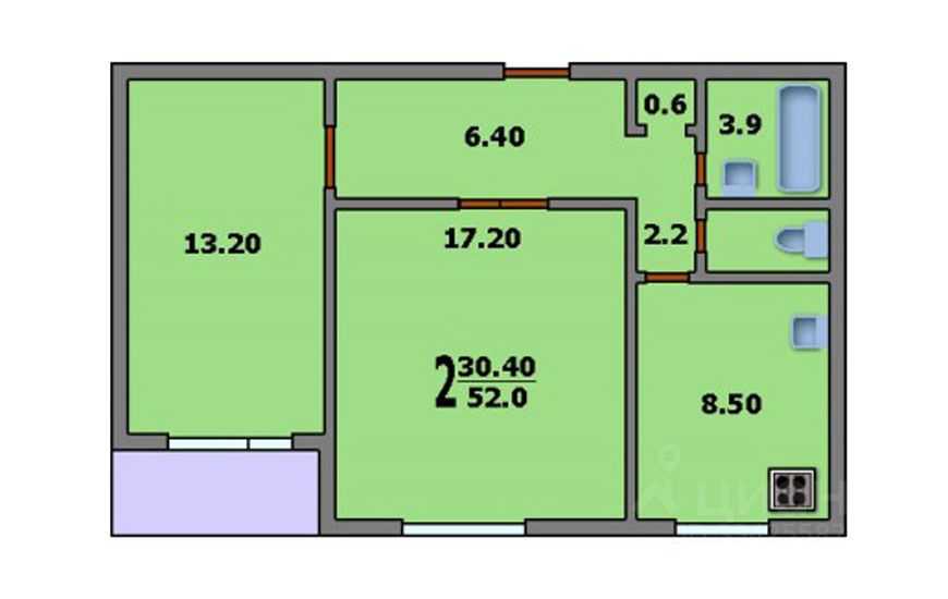 2-комнатная квартира, 52,6 м²
