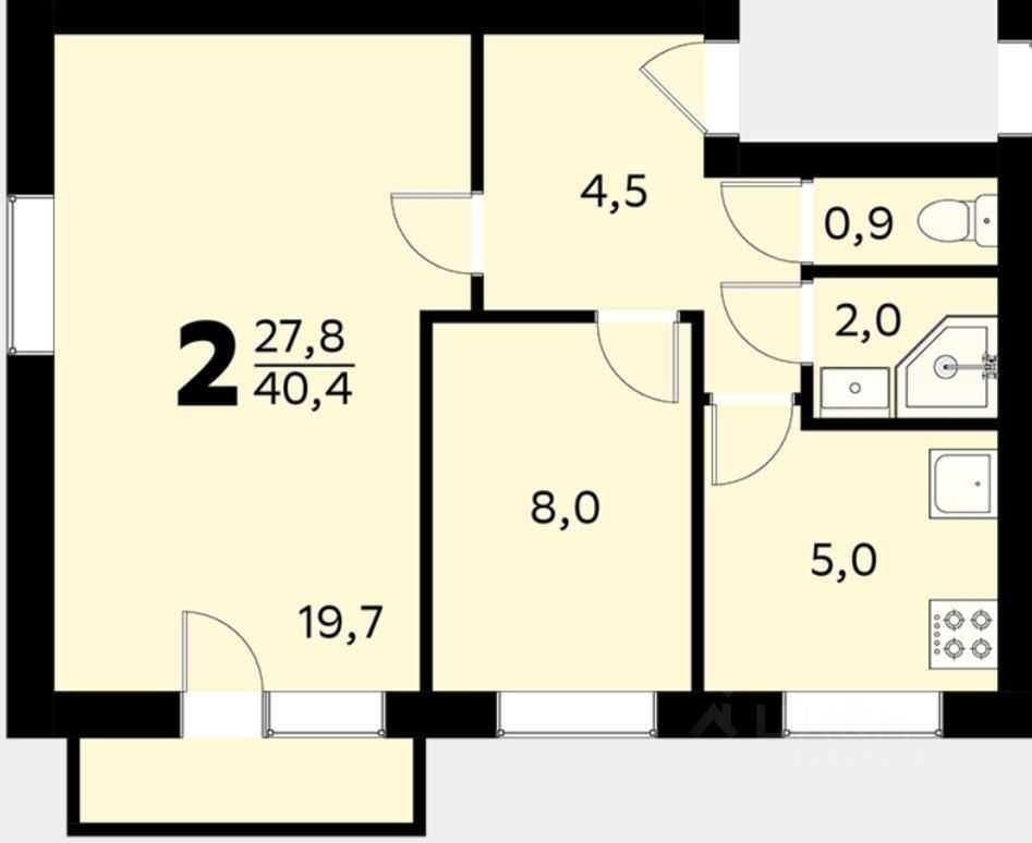 2-комнатная квартира, 40,4 м²