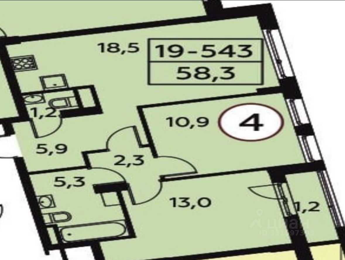 2-комнатная квартира, 58 м²