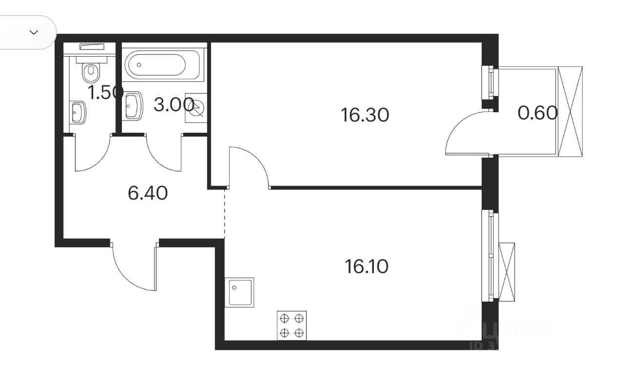 1-комнатная квартира, 44 м²