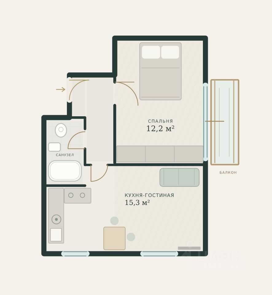 1-комнатная квартира, 34,7 м² — фотография 2