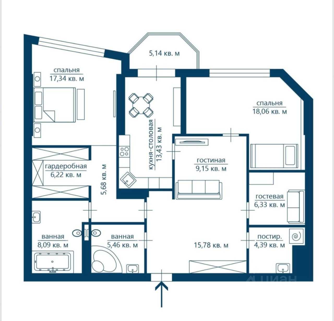 3-комнатная квартира, 115 м²