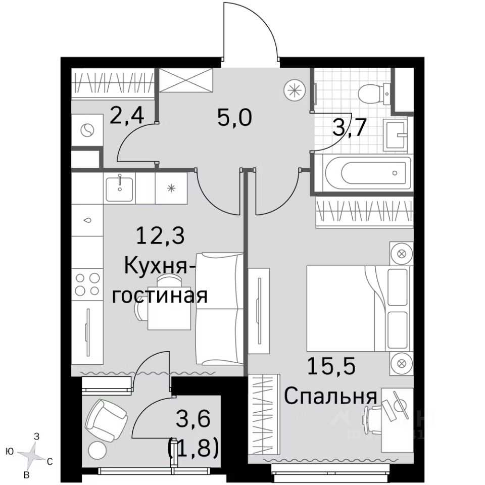 1-комнатная квартира, 42 м²