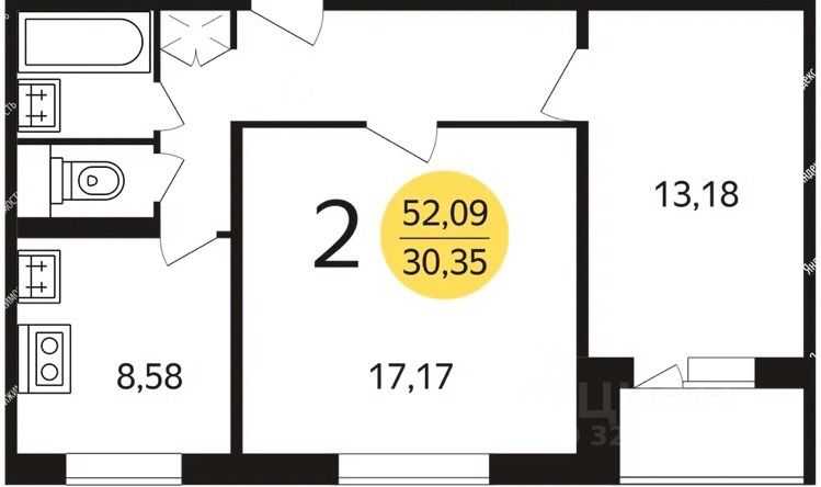 2-комнатная квартира, 52,1 м²