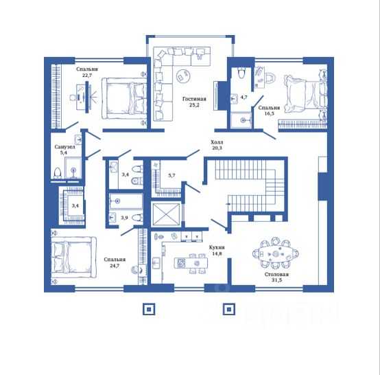 3-комнатная квартира, 193 м²