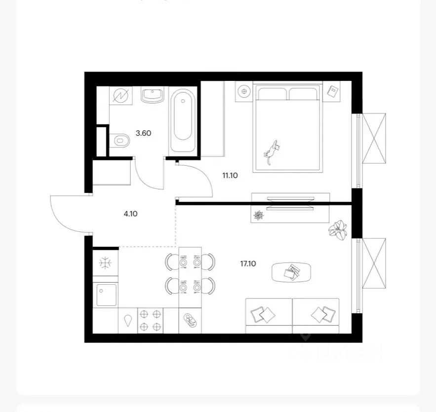 1-комнатная квартира, 35,5 м²