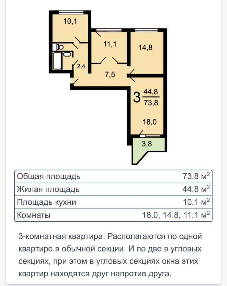 3-комнатная квартира, 73 м² — фотография 2