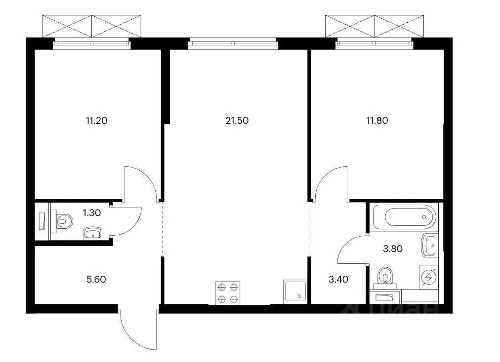 2-комнатная квартира, 58,1 м²