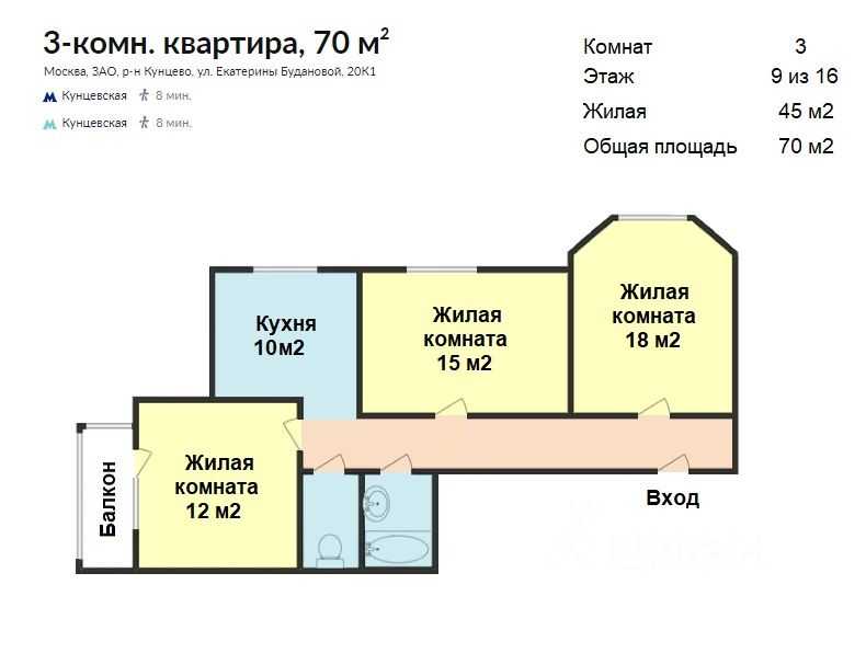 3-комнатная квартира, 68 м² — фотография 2
