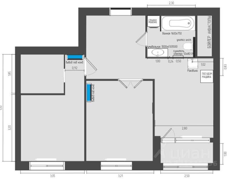 2-комнатная квартира, 54 м²