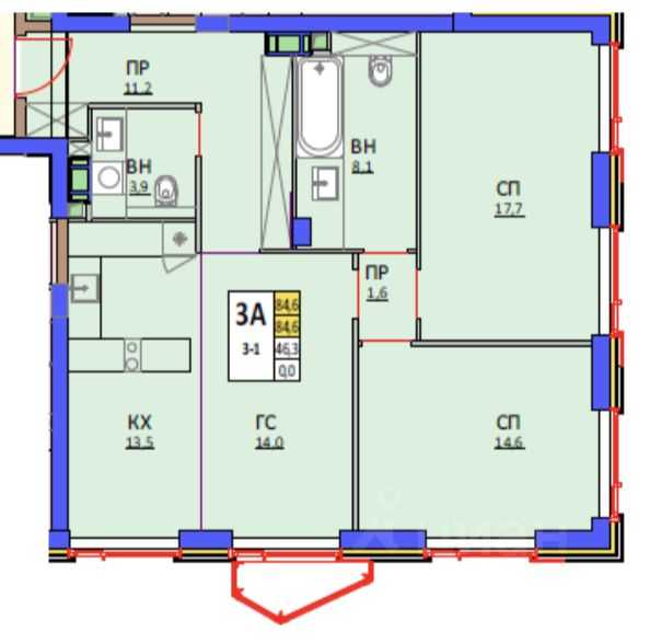 3-комнатная квартира, 85,1 м²