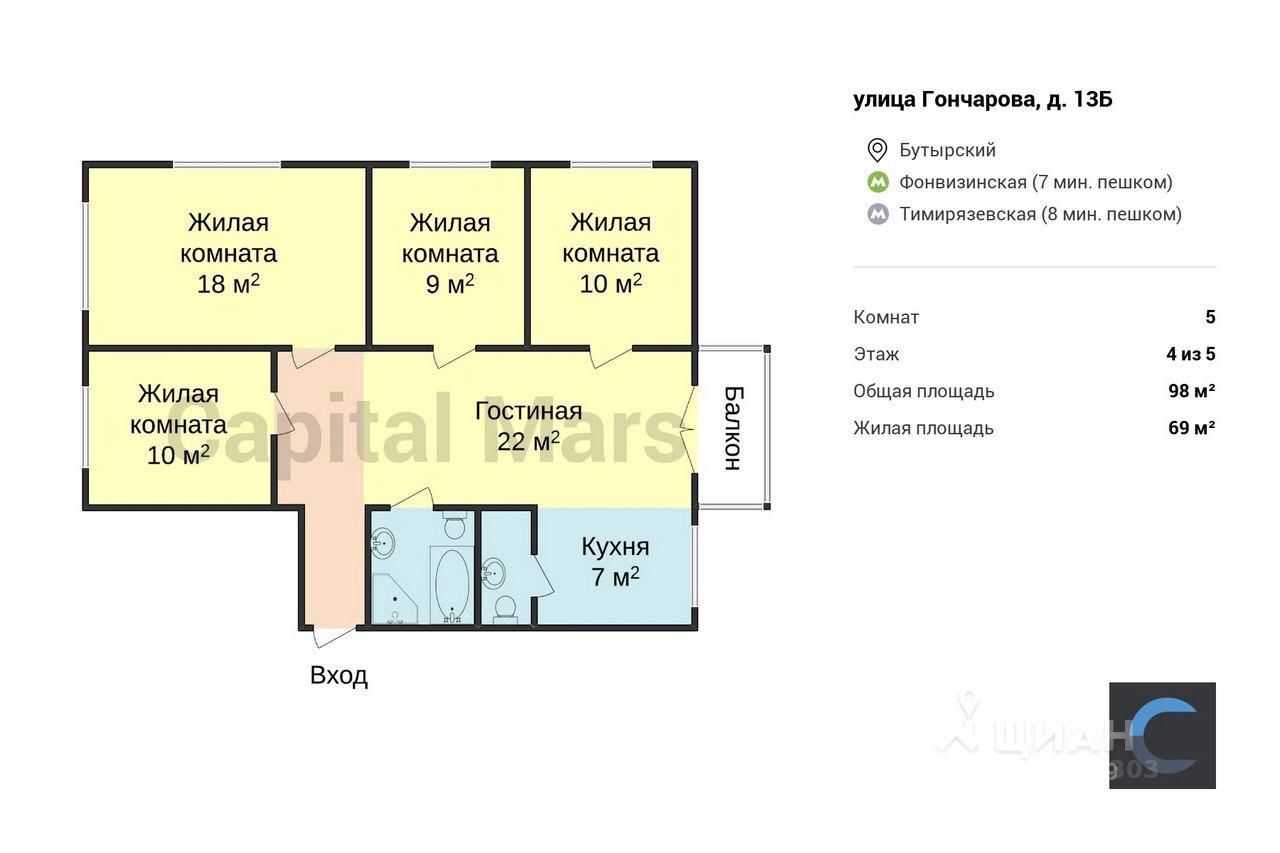 5-комнатная квартира, 98 м²