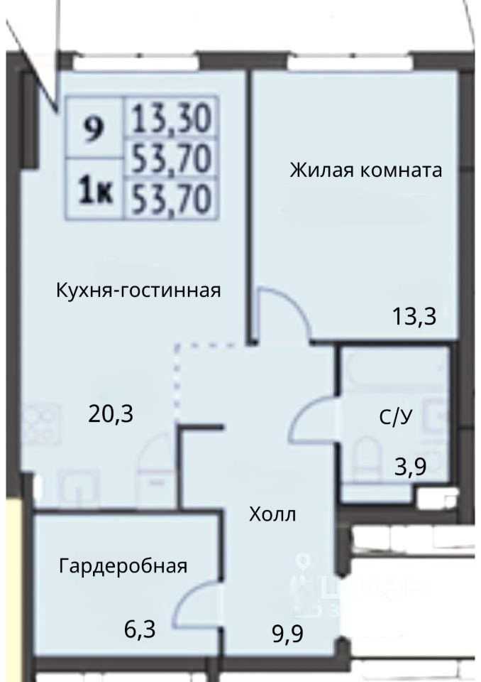 1-комнатная квартира, 52 м²