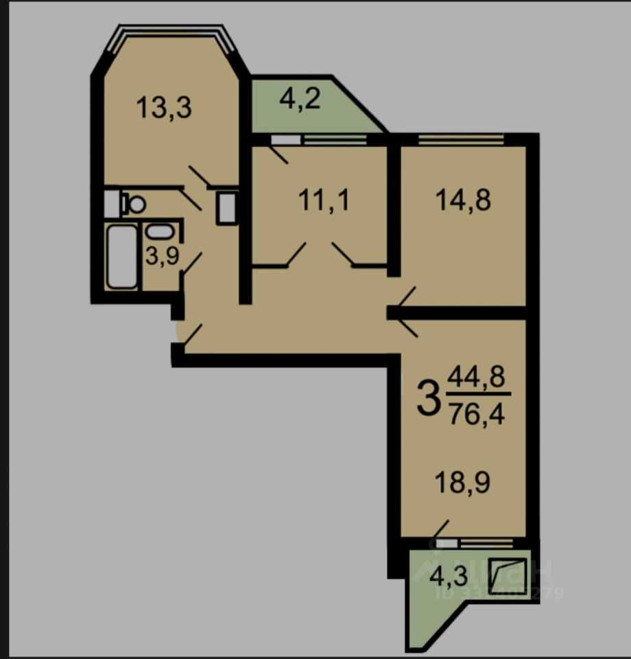3-комнатная квартира, 76 м²