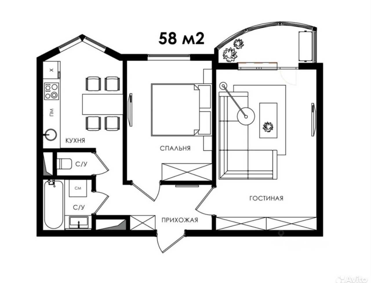 2-комнатная квартира, 56 м² — фотография 2