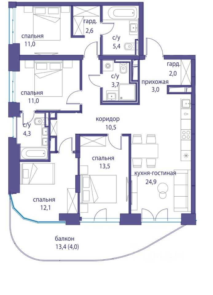 4-комнатная квартира, 119,5 м²