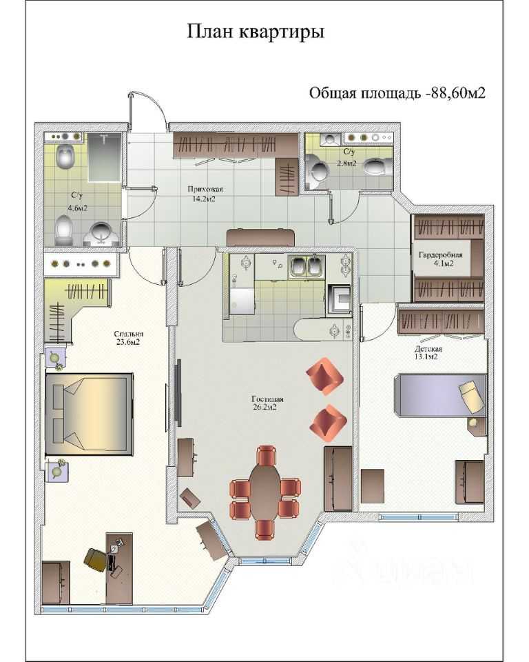 3-комнатная квартира, 86 м²