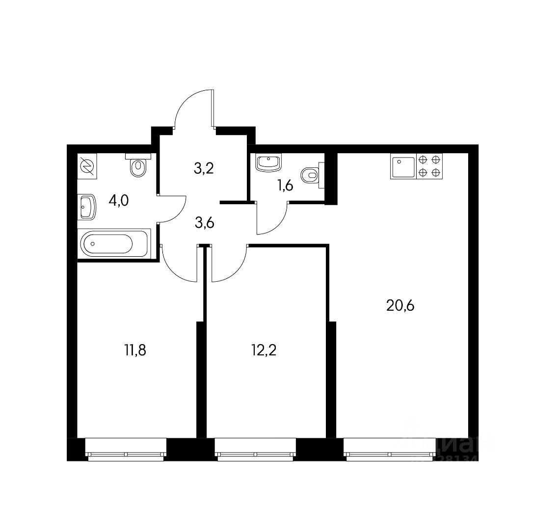 2-комнатная квартира, 56 м²