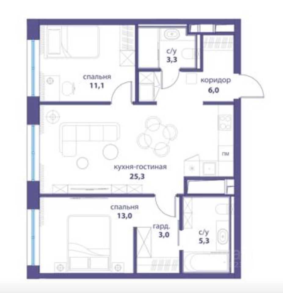 3-комнатная квартира, 67,3 м²