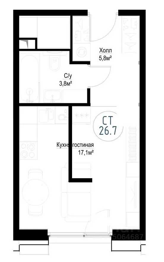 1-комнатная квартира, 27 м² — фотография 2