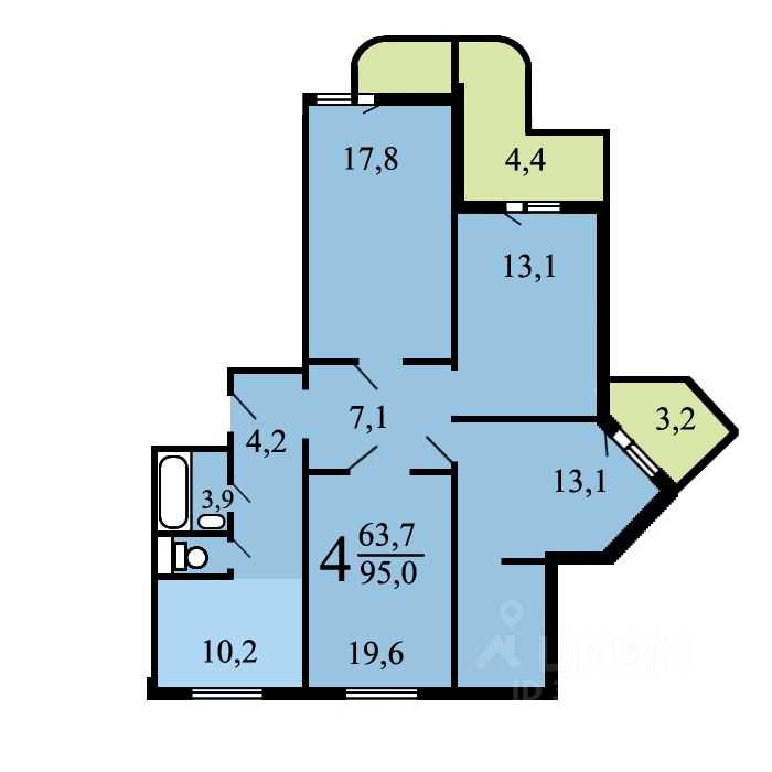 4-комнатная квартира, 96 м²