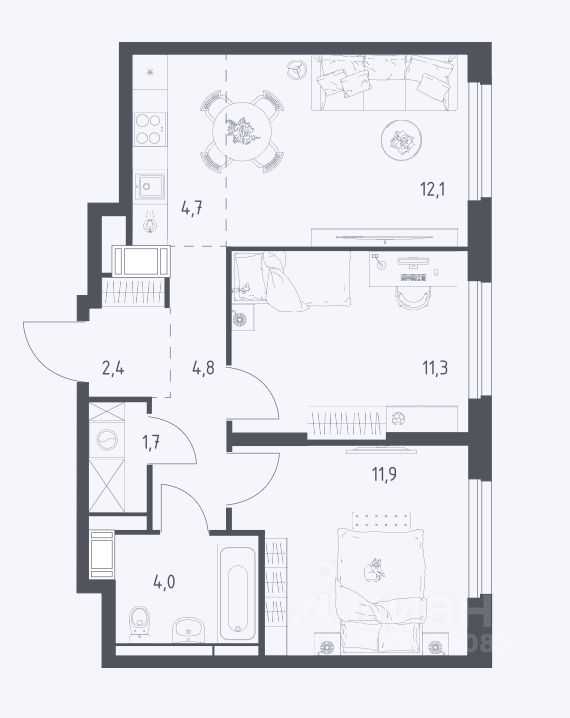 3-комнатная квартира, 52,1 м²