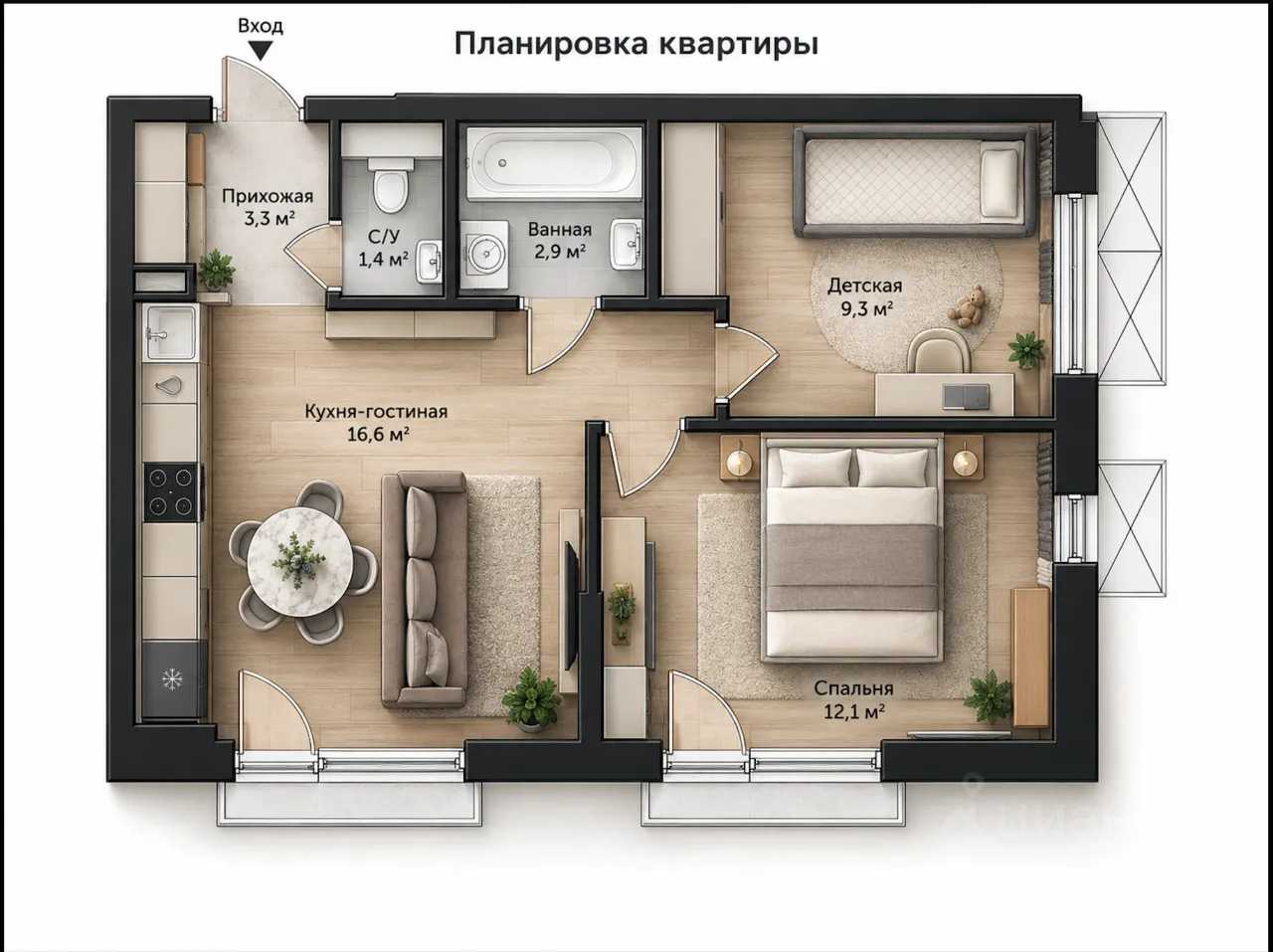 2-комнатная квартира, 50 м² — фотография 2