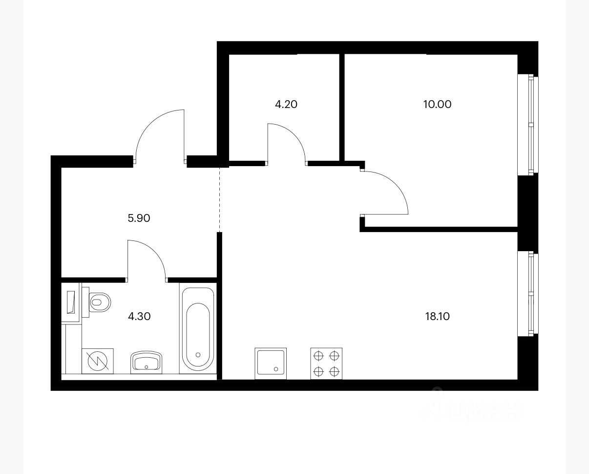 1-комнатная квартира, 42,5 м²