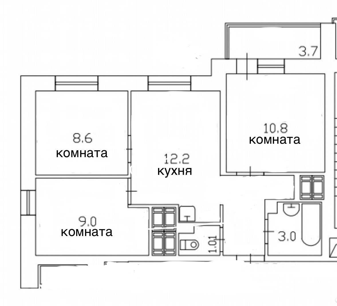 3-комнатная квартира, 52 м²