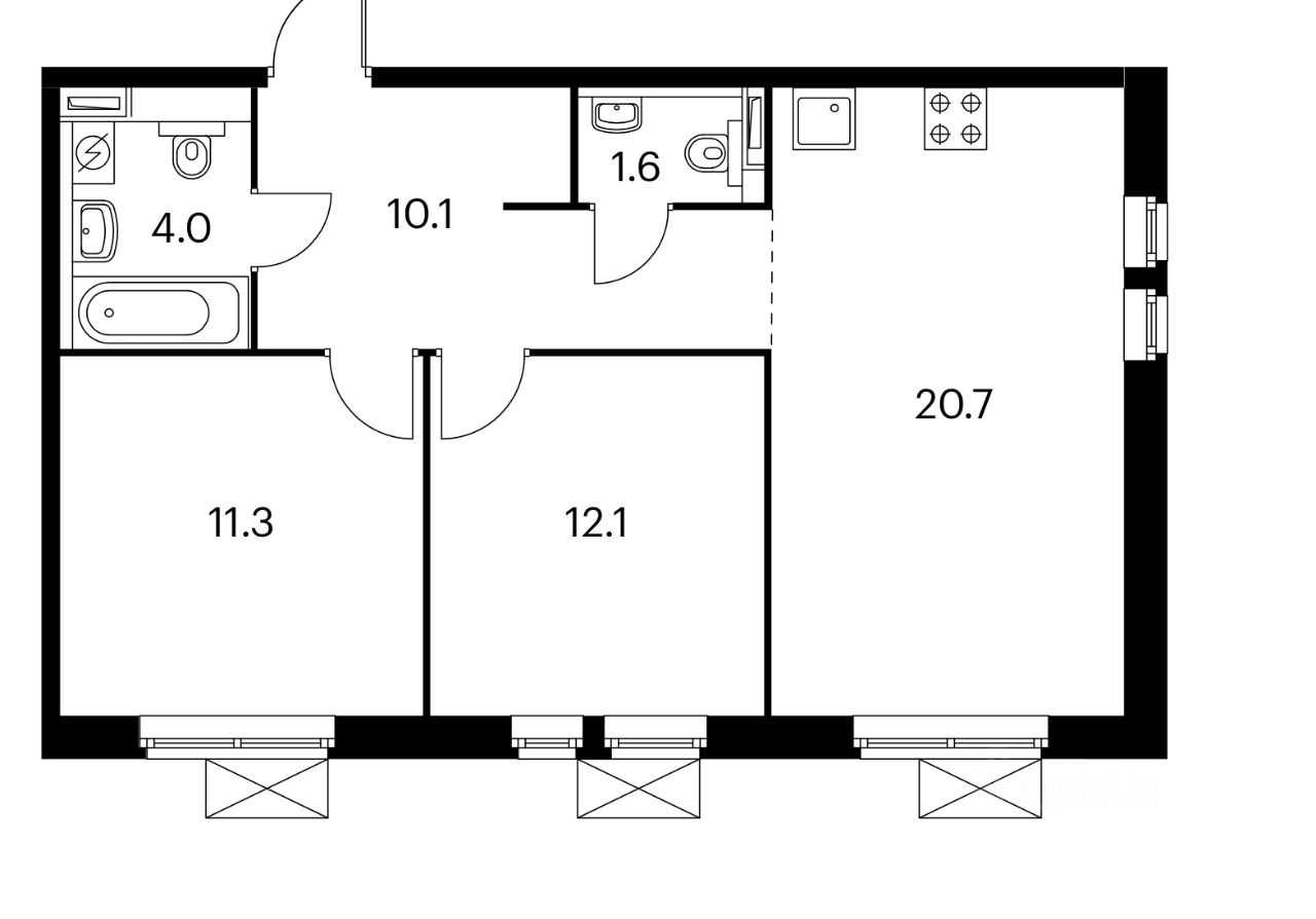 3-комнатная квартира, 60 м²