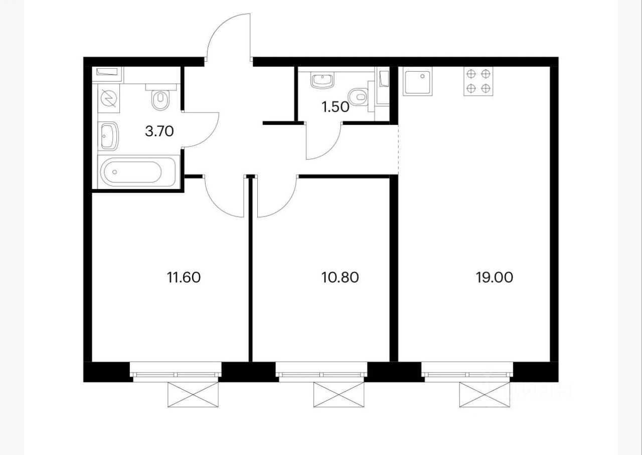 3-комнатная квартира, 53 м²