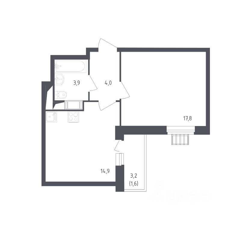 1-комнатная квартира, 42,2 м²