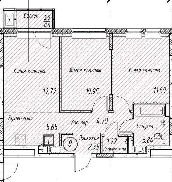 3-комнатная квартира, 52,9 м²