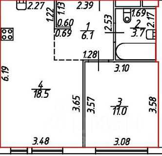 1-комнатная квартира, 39,3 м²