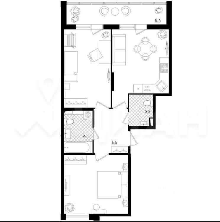 2-комнатная квартира, 66 м²