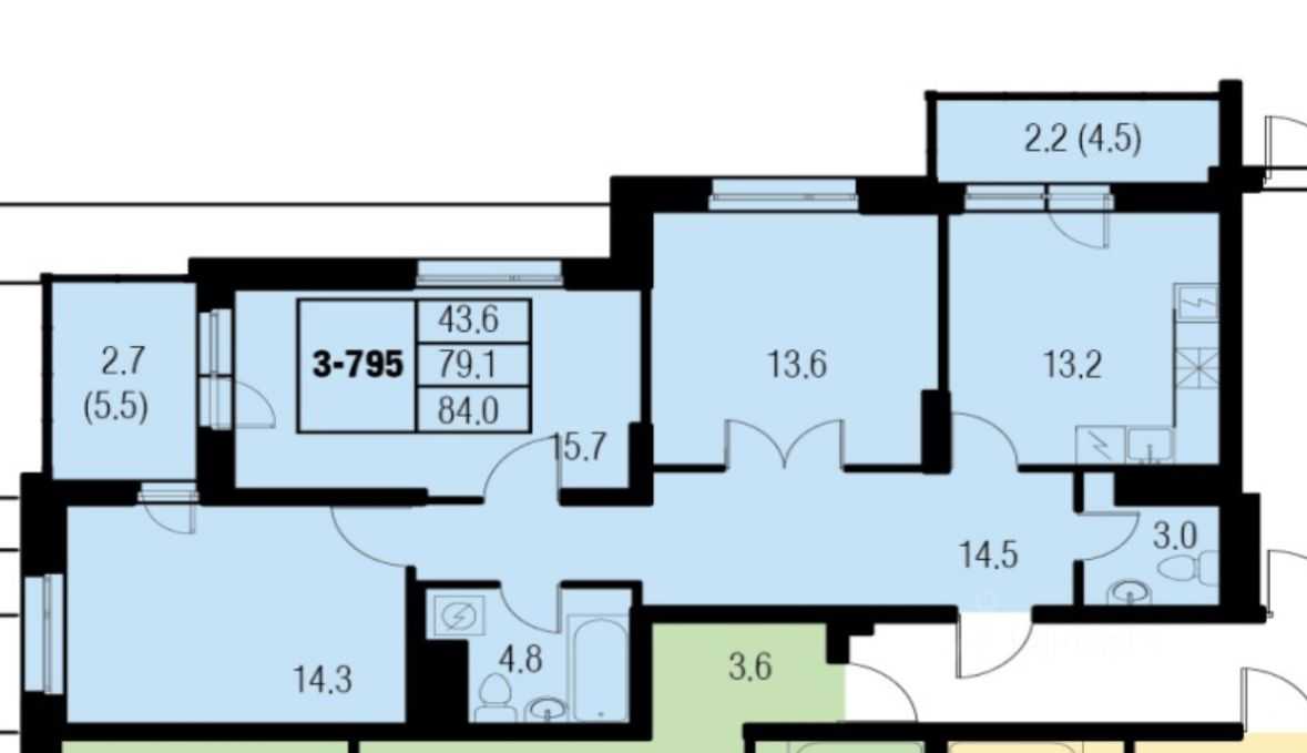 3-комнатная квартира, 84 м²
