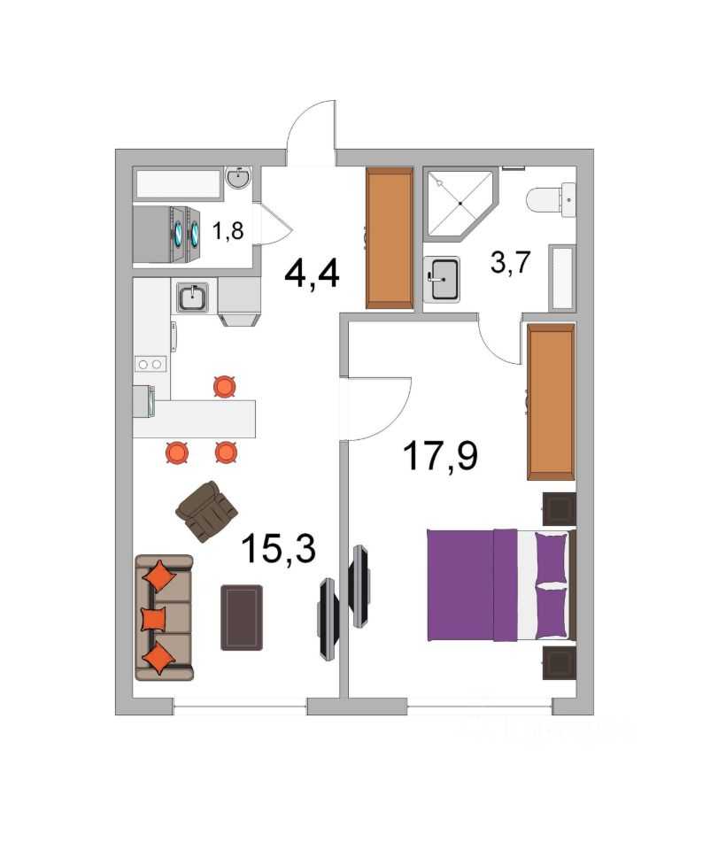 1-комнатная квартира, 44 м² — фотография 2