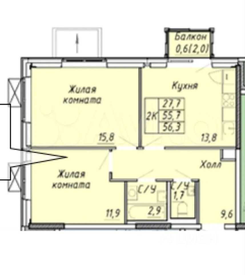 2-комнатная квартира, 57 м²