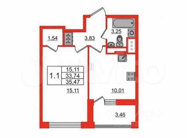 1-комнатная квартира, 33 м² — фотография 2