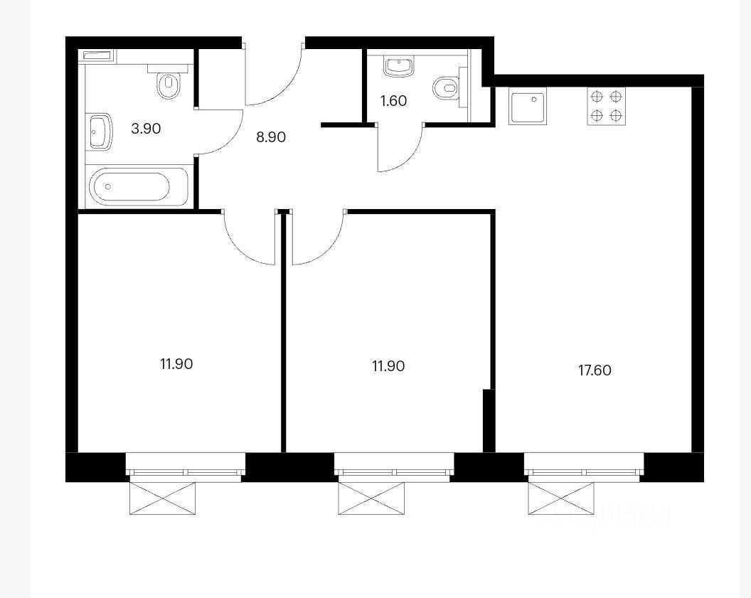 3-комнатная квартира, 56 м²