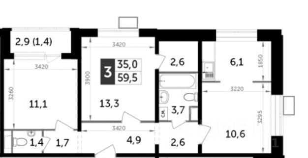 3-комнатная квартира, 59 м²