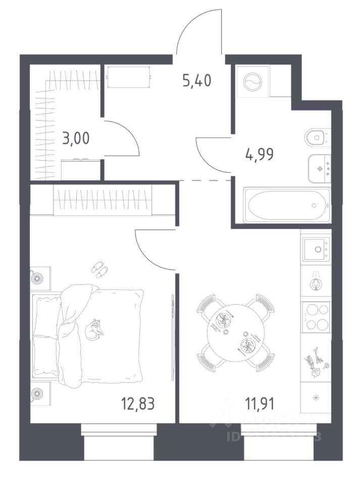 1-комнатная квартира, 38,1 м²