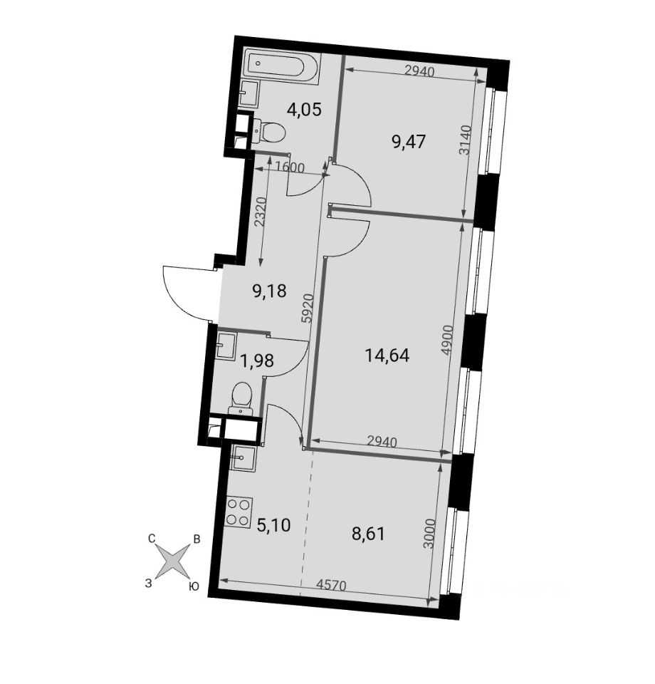 3-комнатная квартира, 53 м²