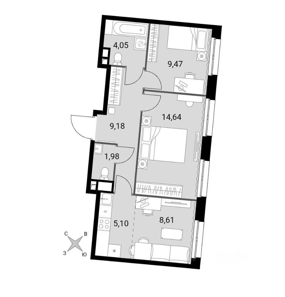 3-комнатная квартира, 53 м² — фотография 2